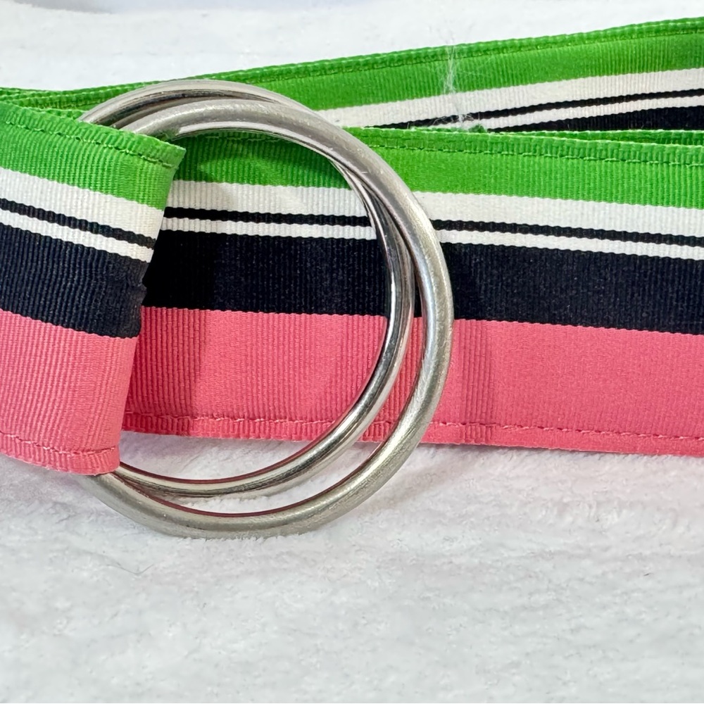 J. Crew Vibrant Preppy Pink Green Blue and White Striped Belt with Silver Rings - Picture 10 of 13